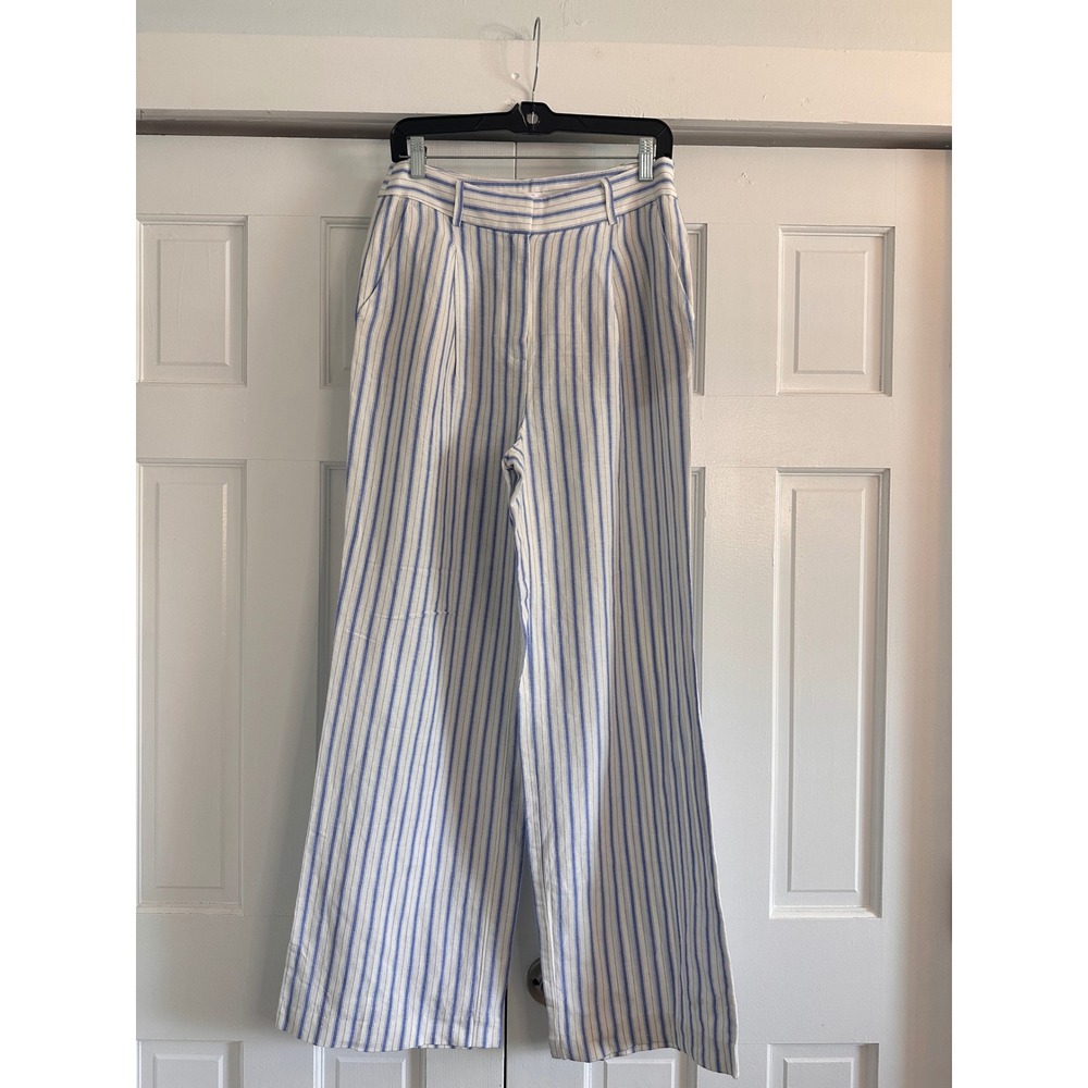 LOFT Blue White Striped Linen Blend Wide Leg High Rise Trousers Pants Size 4